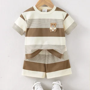 2025 New Baby Summer Cool Breathable Knit Round Neck T-Shirt + Shorts 2-Piece Set Outfit for Boys Girls Infant Toddler Clothing