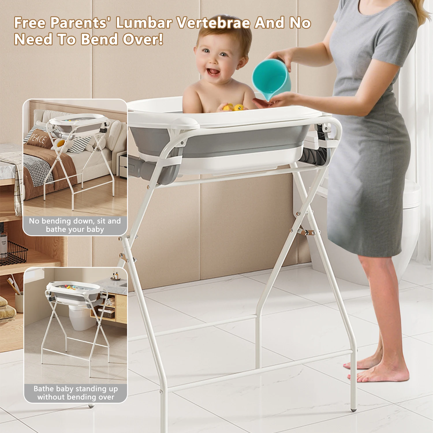 3 in 1 Baby Bath with Stand, Foldable Baby Bath Tub for Newborn to Toddler with Thermometer & Bath Pillow,Multifunctional,Grey - Image 3