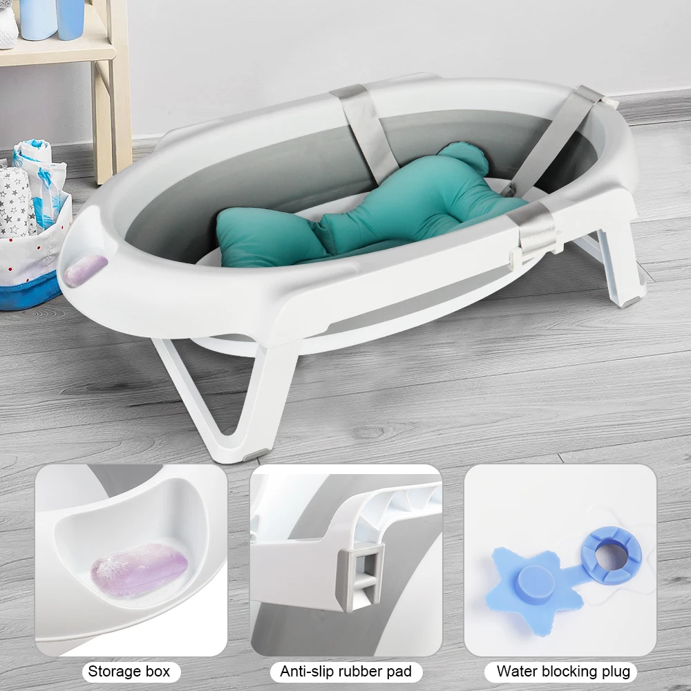 Foldable Baby Bath Foot Bath-Large Bath with Stand/Cushion/Draining Kit-Baby Basin-Ideal for Shower-Birth to 3 Years-Baby Gift-Grey/Pink/Green - Image 3