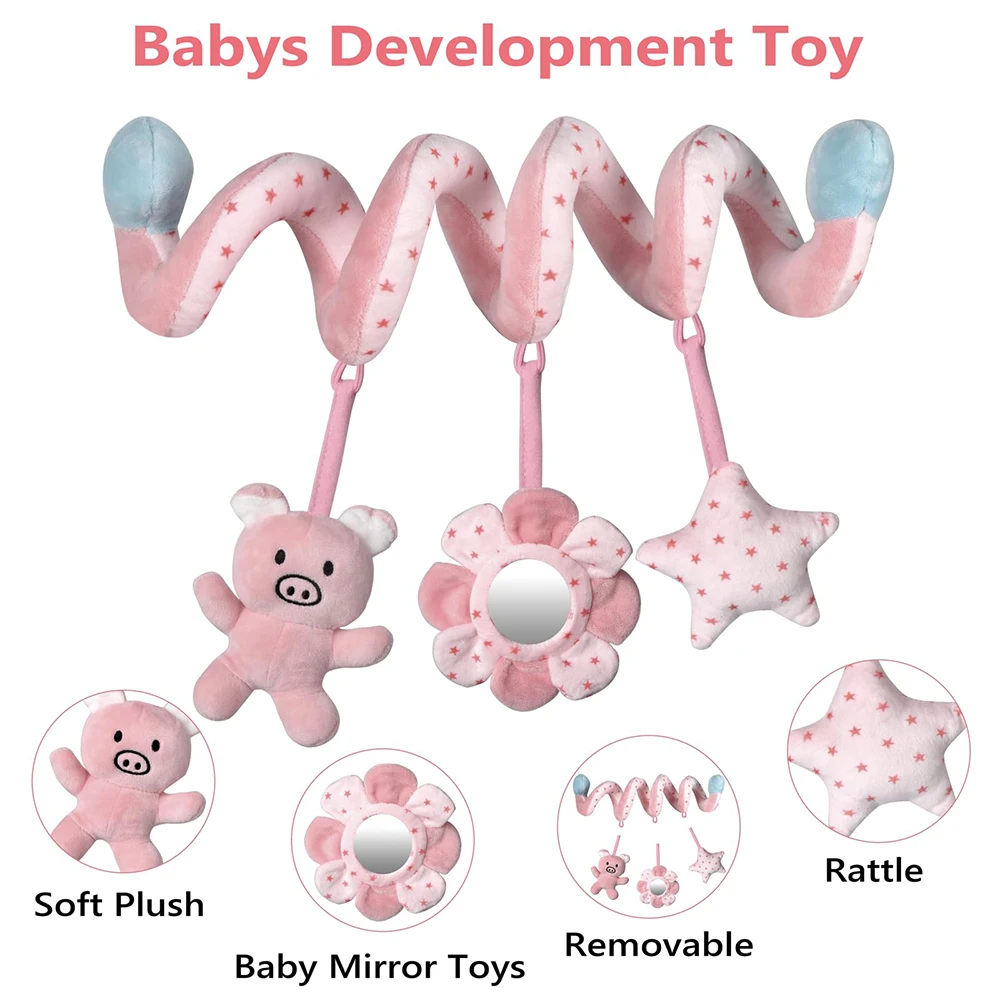 Car Seat Infant Baby Spiral Activity Hanging Toys Stroller Bar Crib Bassinet Mobile with Mirror BB Squeaker and Rattles - Image 2