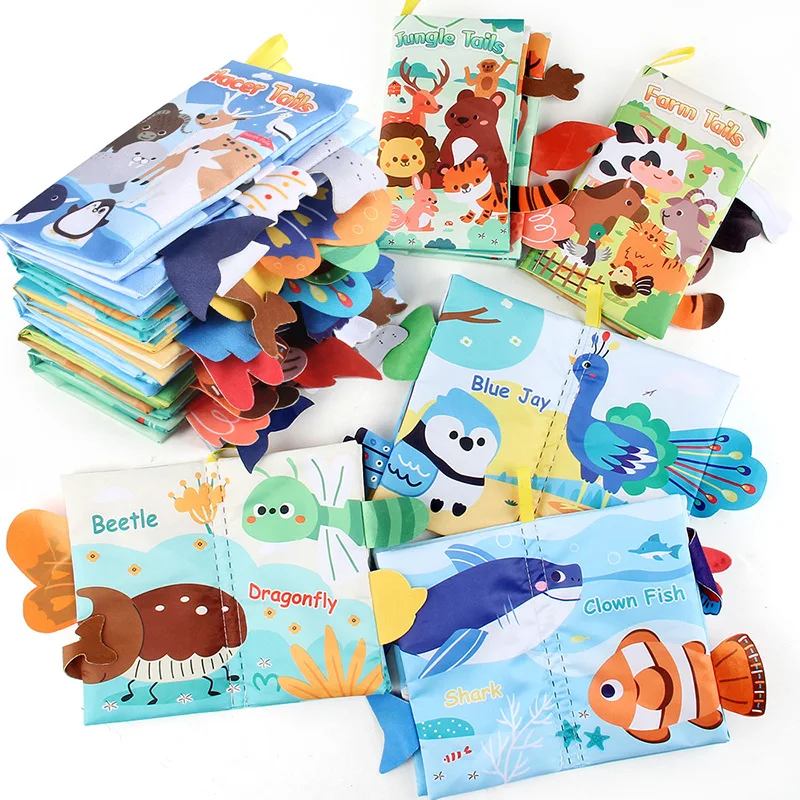 Baby Cloth Book Toys Cartoon Animals Tail Educational Ringed Paper Cloth Book Toys Enlightenment Baby Toys 0-12 Months Gifts