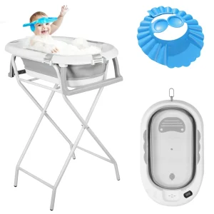 Baby Foldable Bath with Steel Stand, Integrated Thermometer, Hat, Ergonomic Cushion and Dread Pipe, Compact and Transportable, 0-3 Years, Grey/Blue/Green/Volet/Pink