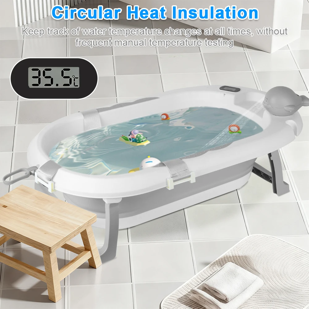 Baby Foldable Bath with Steel Stand, Integrated Thermometer, Hat, Ergonomic Cushion and Dread Pipe, Compact and Transportable, 0-3 Years, Grey/Blue/Green/Volet/Pink - Image 2