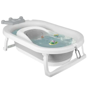 Foldable bathtub suitable for babies 0-36 months old, ergonomic and bulkless, with water thermometer, seat, swimming hat, 82X43X20 cm, gray, bear/Crown/Rabbit/leaf
