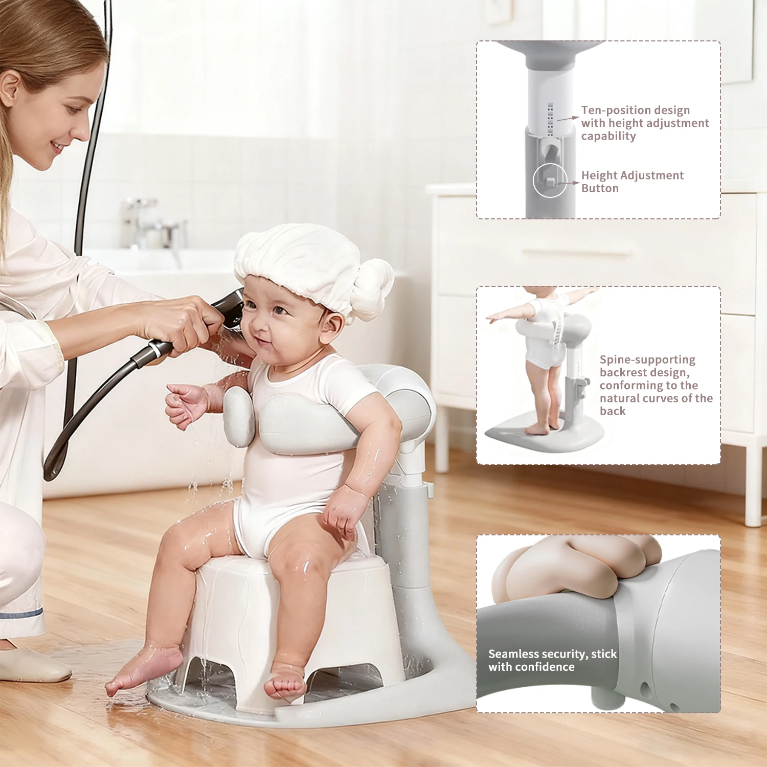 Baby Bath Stand, Baby Bath Assistant,Bath Support with Adjustable Height & Armrest, Removable, Bath Rack with Anti-Slip Base - Image 3