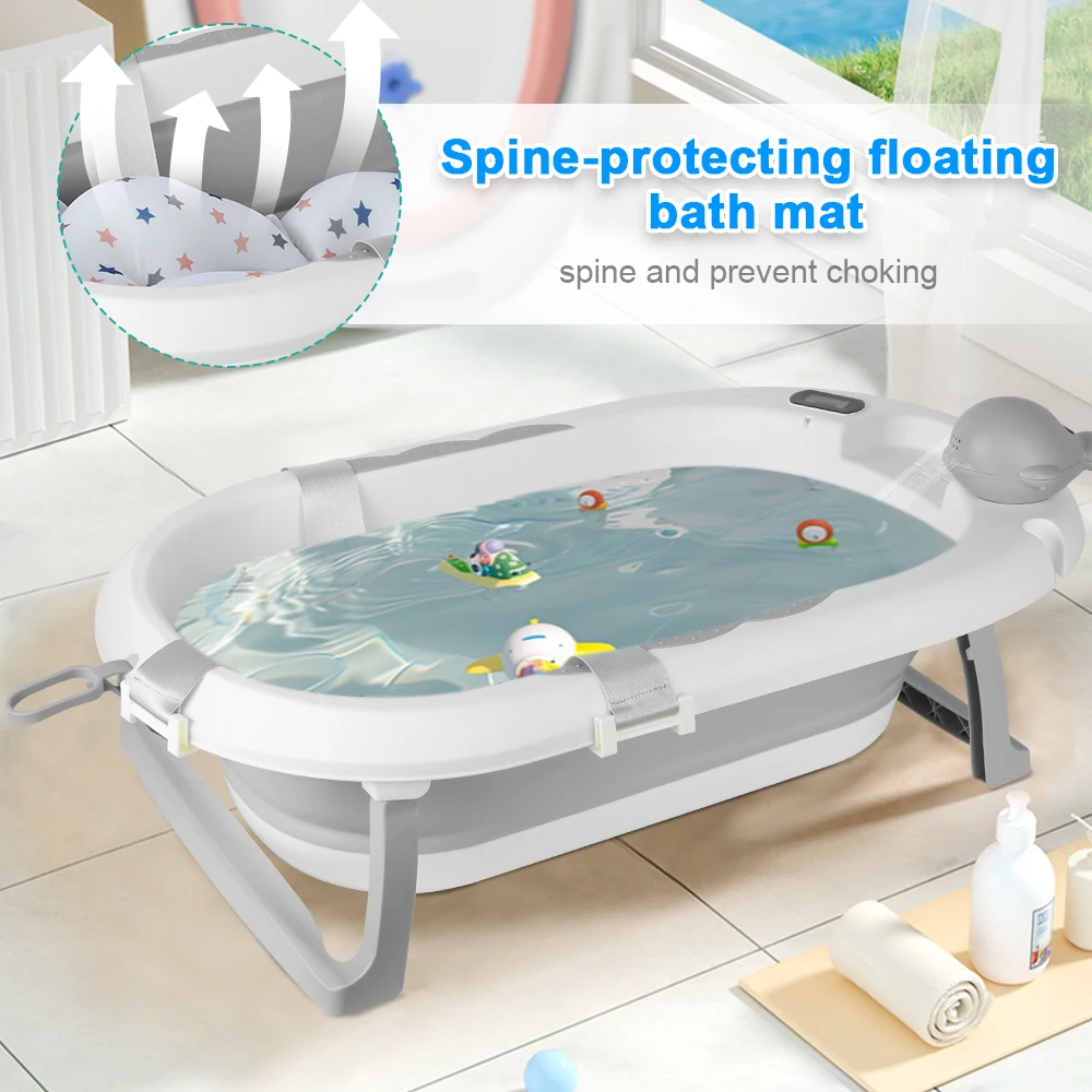Baby Foldable Bath with Steel Stand, Integrated Thermometer, Hat, Ergonomic Cushion and Dread Pipe, Compact and Transportable, 0-3 Years, Grey/Blue/Green/Volet/Pink - Image 3