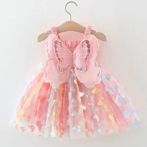 2025 Summer children's dress casual suspender butterfly girl princess dress cute wings fluffy baby dress children's clothing