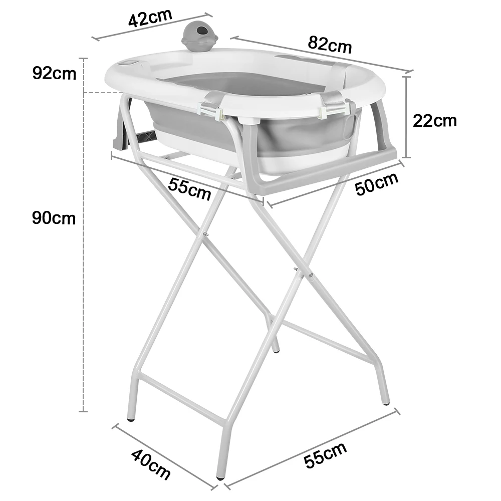 Baby Foldable Bath with Steel Stand, Integrated Thermometer, Hat, Ergonomic Cushion and Dread Pipe, Compact and Transportable, 0-3 Years, Grey/Blue/Green/Volet/Pink - Image 6
