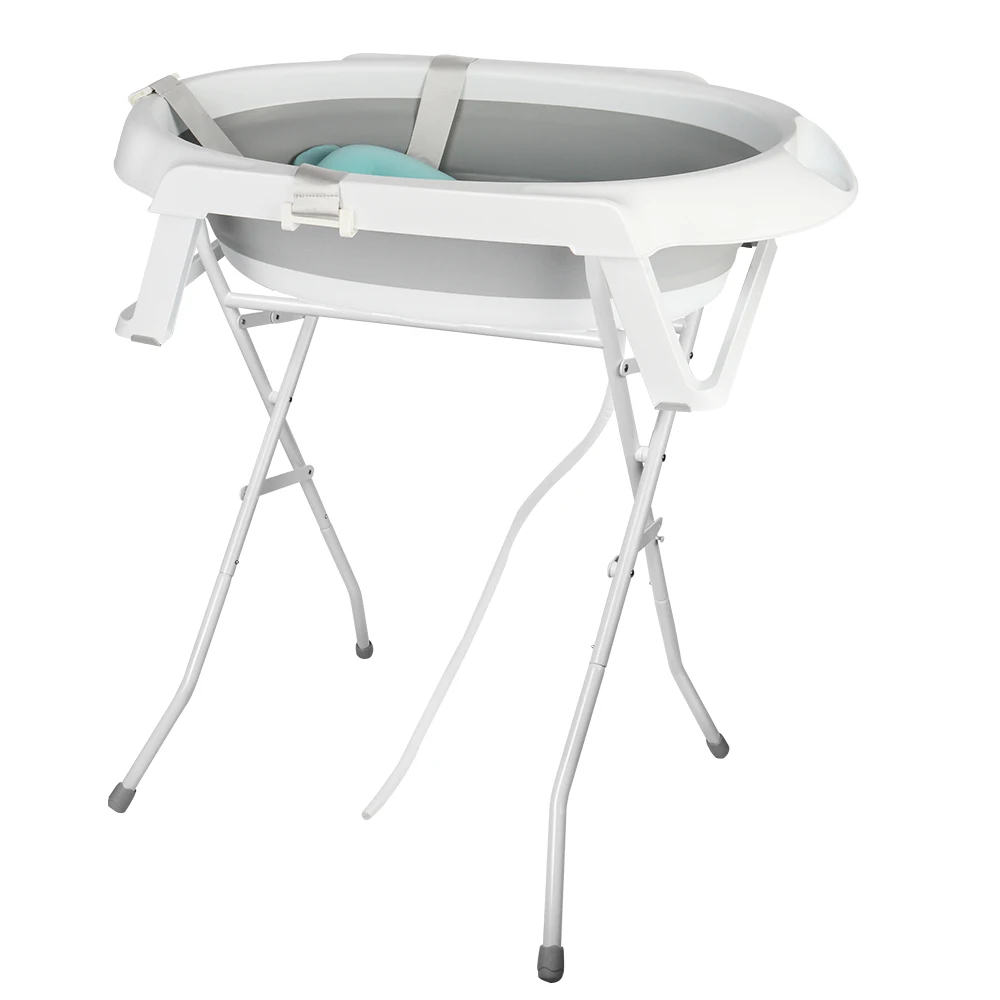 Foldable Baby Bath Foot Bath-Large Bath with Stand/Cushion/Draining Kit-Baby Basin-Ideal for Shower-Birth to 3 Years-Baby Gift-Grey/Pink/Green