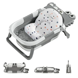 Foldable Baby Bath with Non-Slip Bath Pillow, Baby Bath with Baby Bath Seat & Bath Thermometer From Birth to 3 Years Birth Gifts