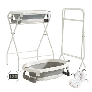 3 in 1 Baby Bath with Stand, Foldable Baby Bath Tub for Newborn to Toddler with Thermometer & Bath Pillow,Multifunctional,Grey