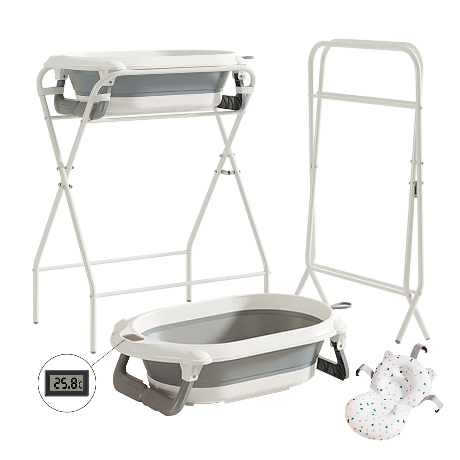3 in 1 Baby Bath with Stand, Foldable Baby Bath Tub for Newborn to Toddler with Thermometer & Bath Pillow,Multifunctional,Grey