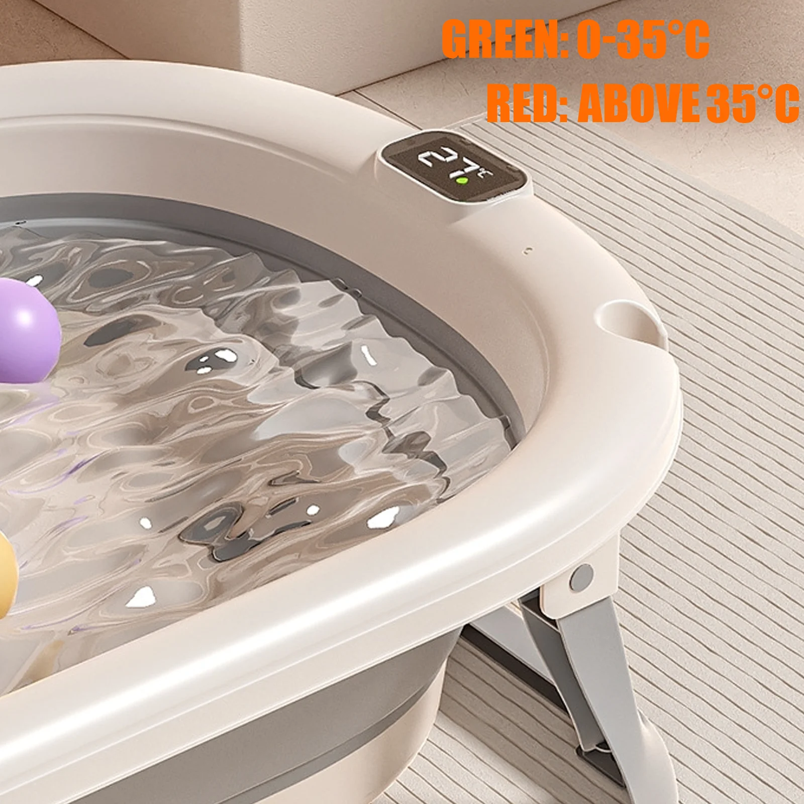 Foldable Baby Newborn Bath Bath Bath Laid & Built-in Thermometer, Comfortable for Baby 0-3 Years, Grey/Pink/Khaki/Green - Image 3