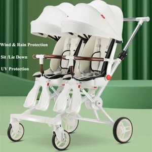 Portable Twin Stroller Foldable Four-wheel Stroller 360° Swivel Double Seat Stroller can Sit and Lie Down